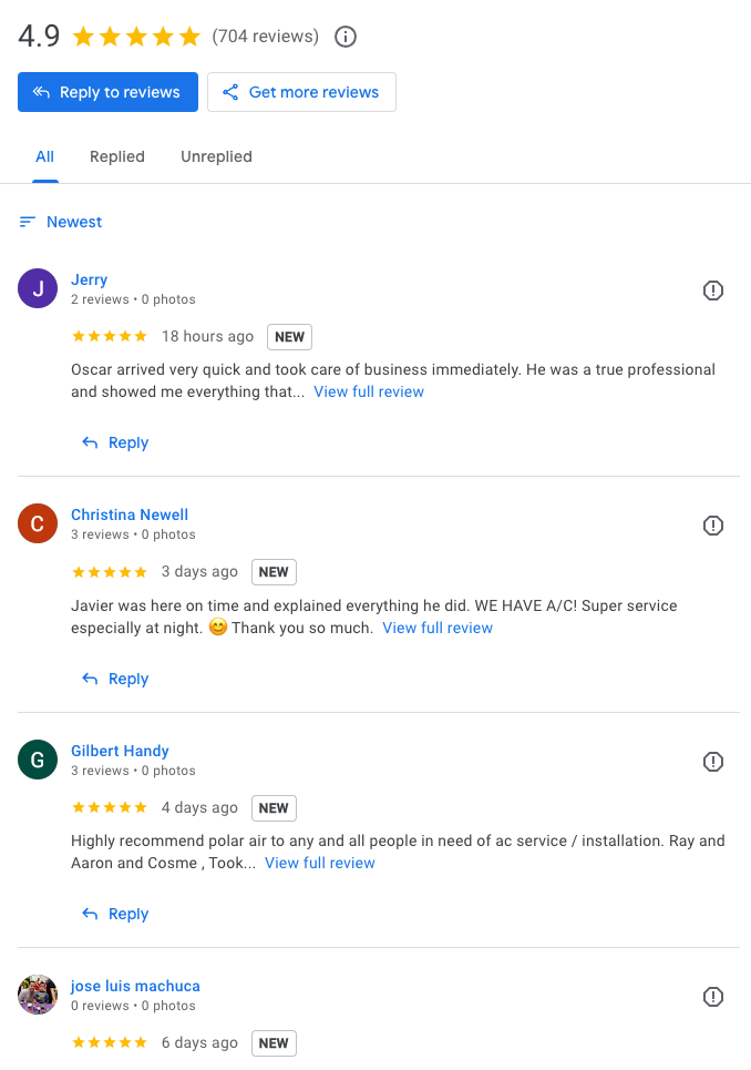 Polar Air google reviews